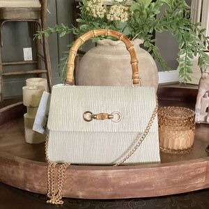Brand New Tommy Bahama Ivory Straw Satchel/ Bamboo Handle